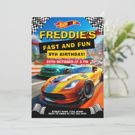 高速とおもしろいのレースカーの誕生日パーティースポーツカー 招待状 (スタンド正面)