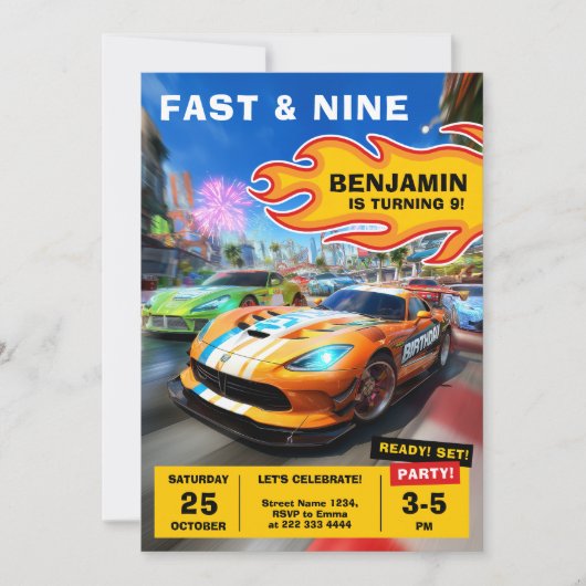 高速とおもしろいのレースカーの誕生日パーティー 招待状 (正面)
