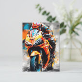 高速オートバイのライダーはっきりした-、ダイナミック ポストカード (スタンド正面)
