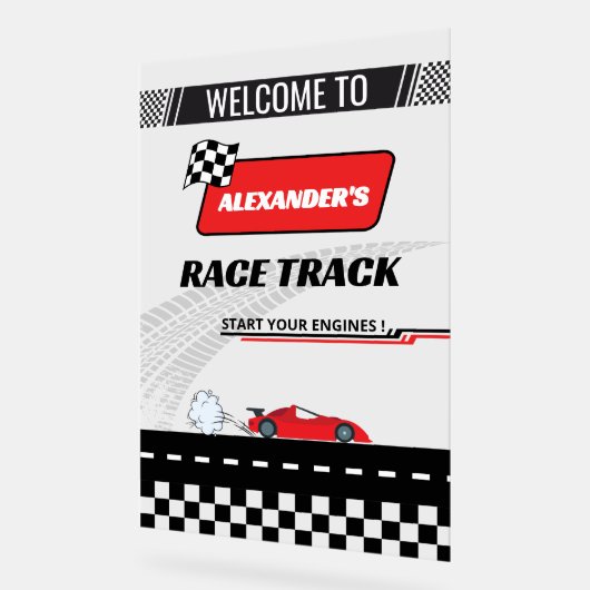 高速レトロレッドカーレーストラックボーイ誕生日へようこそ アクリルサイン (傾斜)