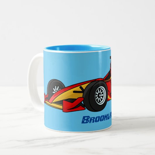 高速レーシングカーの漫画イラストレーション ツートーンマグカップ (正面左)