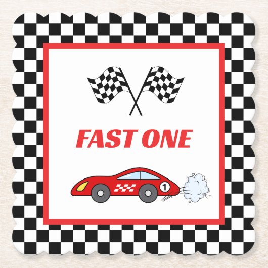 高速1赤レトロなレースカーテーマ少年の誕生日 ペーパーコースター (正面)