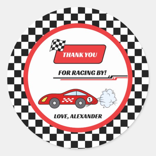高速1赤レトロなレースカーテーマ少年の誕生日 ラウンドシール (正面)