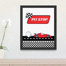 高速1赤レトロなレースカー男の子の誕生日ピットストップ ポスター