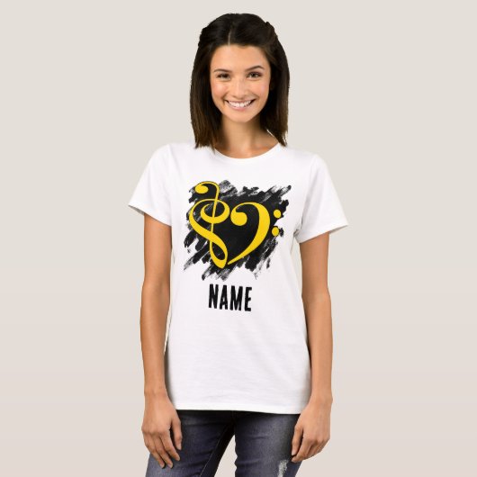 高音と低音のクレフ、 音符記号ハート黄色のカスタマイズ Tシャツ (正面フル)