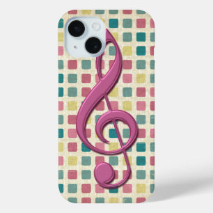 高音クレフ、 音符記号モザイクパターンピンクとティール(緑がかった色) iPhone 15ケース