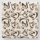 高音ベースクレフ、 音符記号ハート音符パターン ストーンコースター (正面)