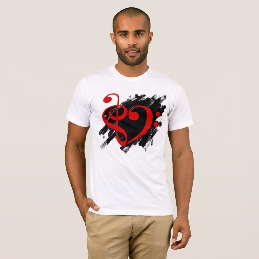 高音域と低音クレフ、 音符記号ミュージカルハート赤 Tシャツ (正面フル)
