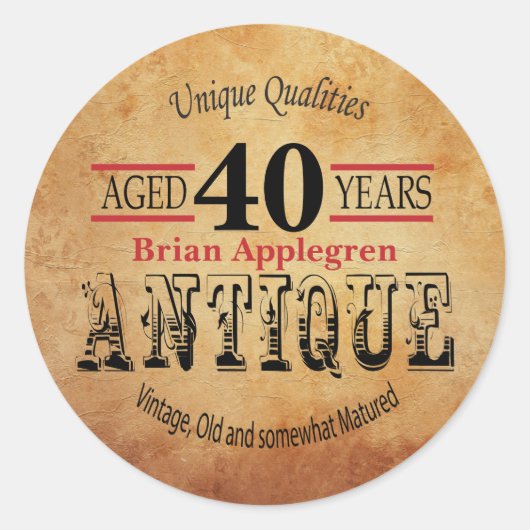 高齢者、アンティーク、ヴィンテージ40歳の誕生日デザイン ラウンドシール (正面)