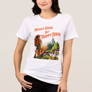 髪がボサボサでも幸せな女性ハイカー トレッキング トライブレンドTシャツ