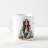髪が茶色の女の子 髪に花を飾って コーヒーマグカップ (正面左)