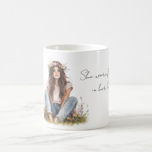 髪が茶色の女の子 髪に花を飾って コーヒーマグカップ (中央)