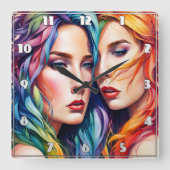 髪と表情をカラフル持つ二つのはっきりした女性 スクエア壁時計 (正面)