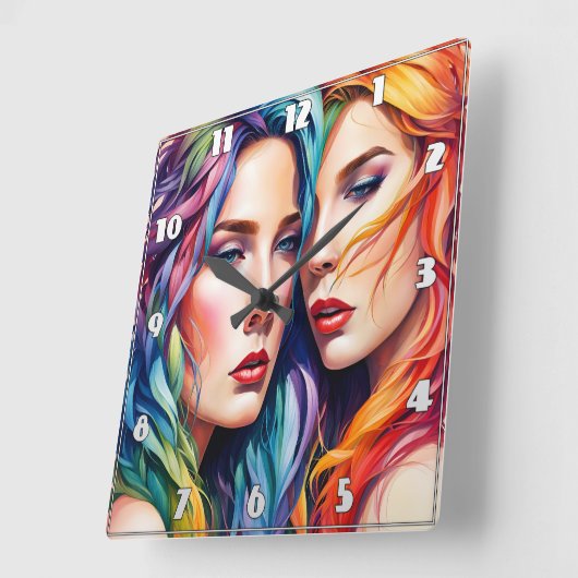 髪と表情をカラフル持つ二つのはっきりした女性 スクエア壁時計 (傾斜)