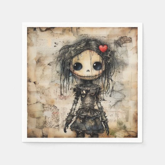 髪にハートを入れた不気味な人形 スタンダードカクテルナプキン (正面)