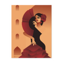 髪にバラをつけた扇子を持つスペインの女性