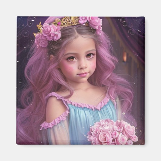 髪にピンクの花を咲かせる美しい少女 マグネット (正面)