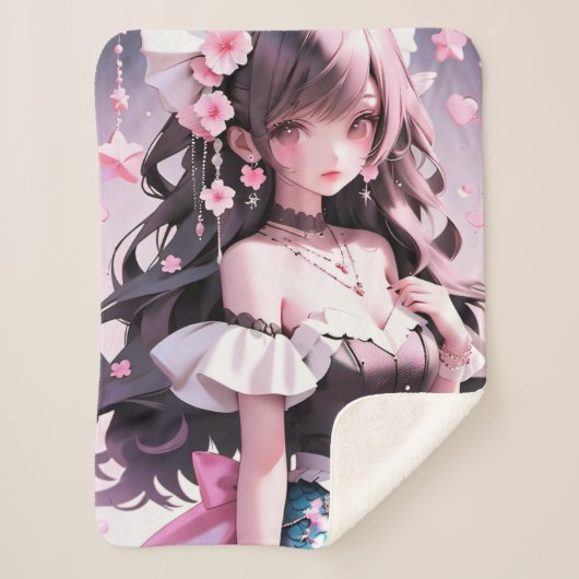 髪にピンクの花を持つ茶色の髪の人魚 シェルパブランケット (正面)