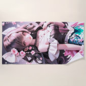 髪にピンクの花を持つ茶色の髪の人魚 ビーチタオル (正面)