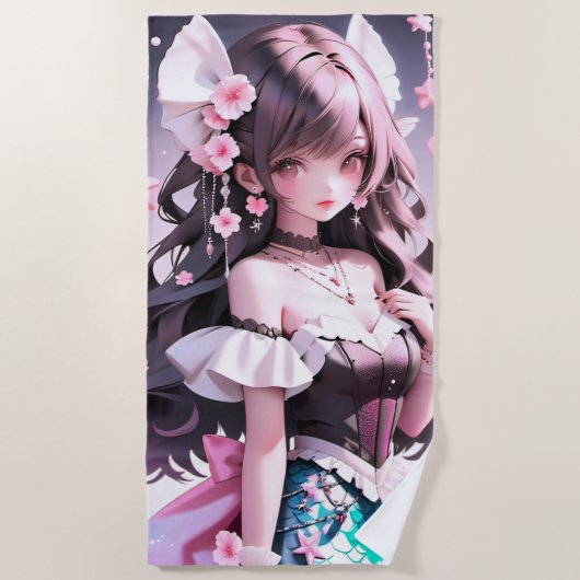 髪にピンクの花を持つ茶色の髪の人魚 ビーチタオル (正面)
