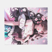 髪にピンクの花を持つ茶色の髪の人魚 フリースブランケット (正面(横))