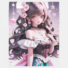 髪にピンクの花を持つ茶色の髪の人魚 フリースブランケット