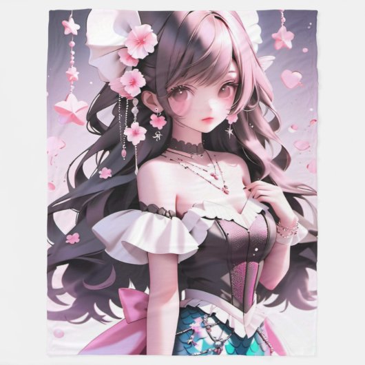 髪にピンクの花を持つ茶色の髪の人魚 フリースブランケット (正面)