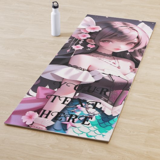 髪にピンクの花を持つ茶色の髪の人魚 ヨガマット (インサイチュ)