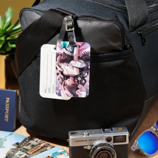 髪にピンクの花を持つ茶色の髪の人魚 ラゲッジタグ (正面&裏面)