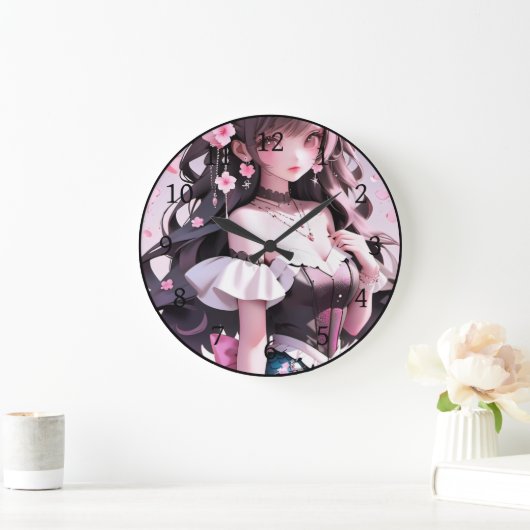 髪にピンクの花を持つ茶色の髪の人魚 ラージ壁時計 (ホーム)