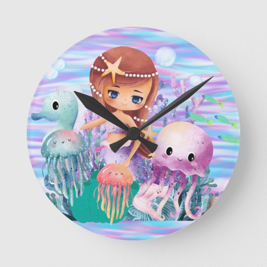 髪に星を持つ人魚が海で遊ぶ ラウンド壁時計 (正面)