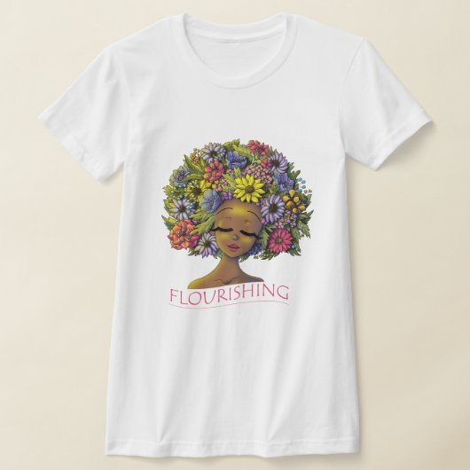 髪に花をつけるアフリカ系アメリカ人女性 Tシャツ (レイダウン)