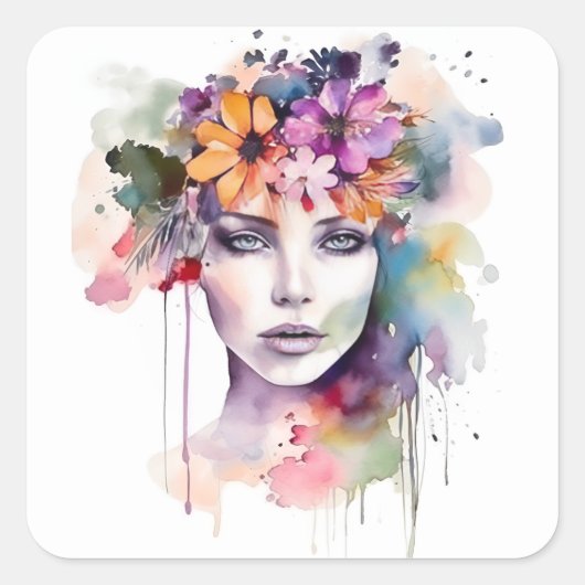 髪に花を咲かせる美しい水彩少女 スクエアシール (正面)