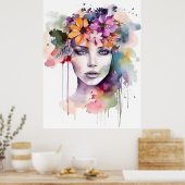 髪に花を咲かせる美しい水彩少女 ポスター (キッチン)