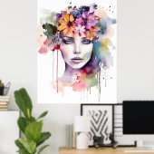 髪に花を咲かせる美しい水彩少女 ポスター (ホームオフィス)