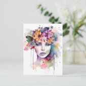 髪に花を咲かせる美しい水彩少女 ポストカード (スタンド正面)