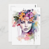 髪に花を咲かせる美しい水彩少女 ポストカード (正面/裏面)