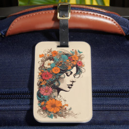 髪に花を飾ったレトロな女性 ラゲッジタグ