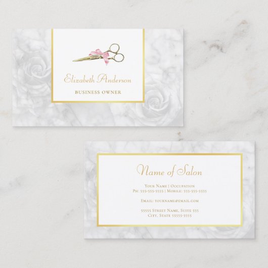 髪のサロンエレガント金ゴールドはさみホワイトローズマーブル 名刺 (正面/裏面)
