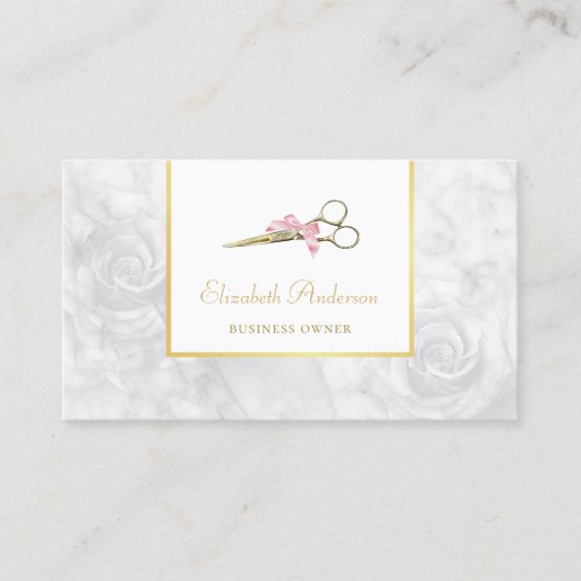 髪のサロンエレガント金ゴールドはさみホワイトローズマーブル 名刺 (正面)