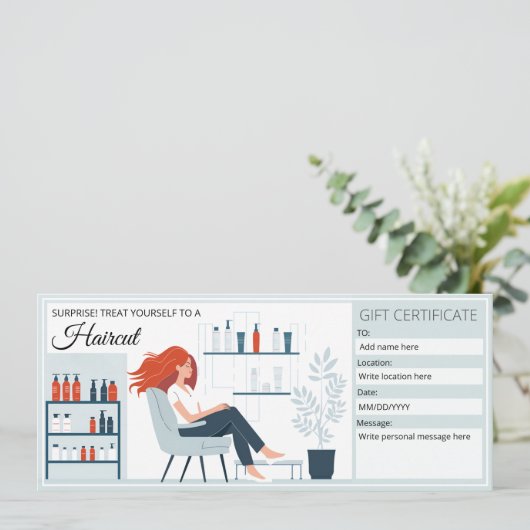 髪のサロンギフト券テンプレート、ヘアカットのギフト 招待状 (スタンド正面)