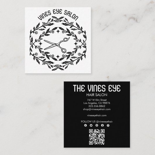 髪はさみバラつる植物魔法ボホQRソーシャル スクエア名刺 (正面/裏面)