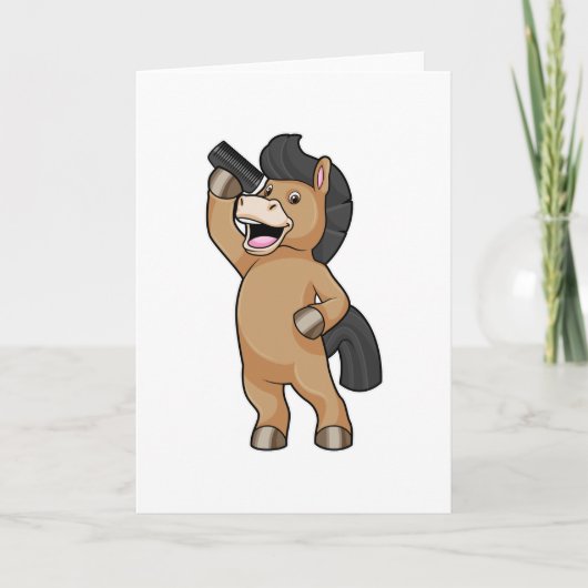 髪をとかす道具を持つ美容師としての馬 カード (正面)