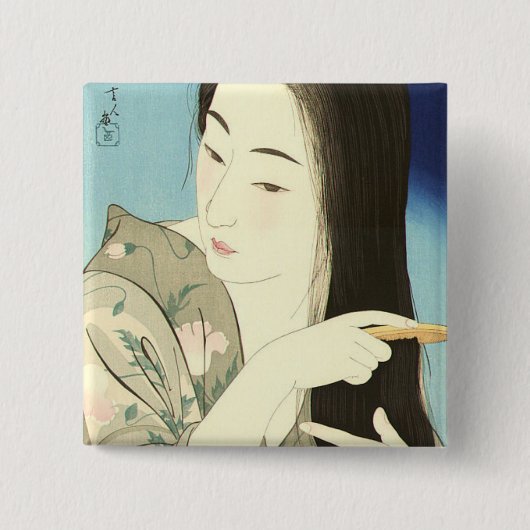 髪をコンビング（美しいアジアの女性） （琴洞） 缶バッジ (正面)
