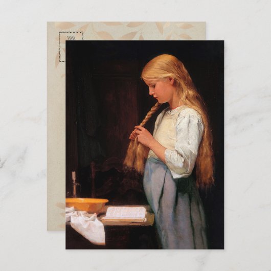 髪を結う女の子読と本 ポストカード (正面/裏面)