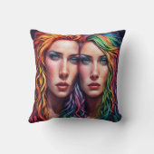 髪カラフルの付いた2人の女鮮やか性ポートレート クッション (裏面)