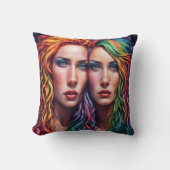 髪カラフルの付いた2人の女鮮やか性ポートレート クッション (正面)