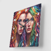 髪カラフルの付いた2人の女鮮やか性ポートレート スクエア壁時計 (傾斜)