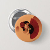 髪スペインのに扇子と赤いバラの女性 缶バッジ (正面&裏面)