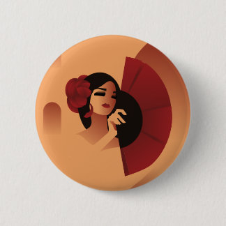 髪スペインのに扇子と赤いバラの女性 缶バッジ